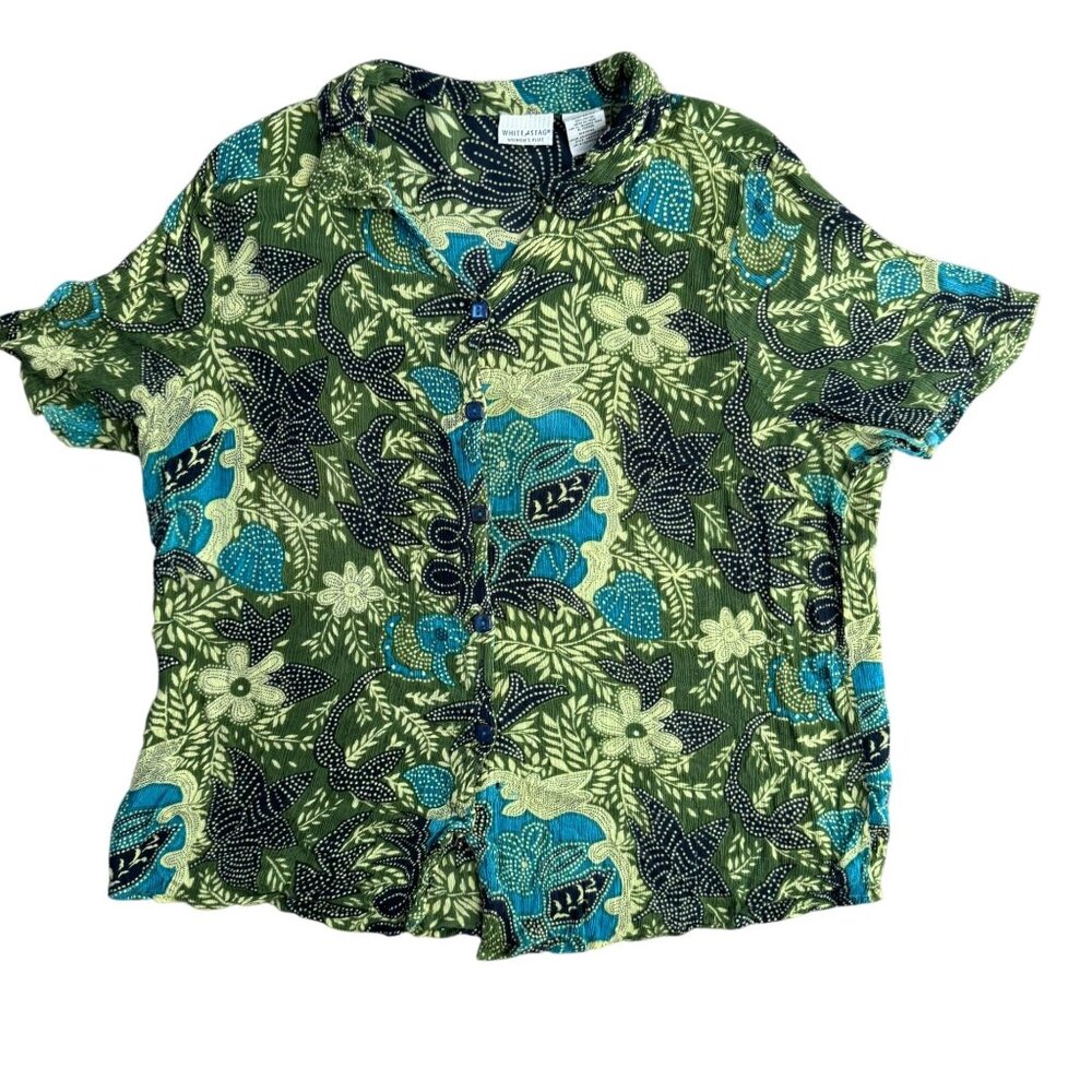 Vtg White Stag Shirt Womens Plus Size 22/24 Green Button Up Floral Flowy Texture